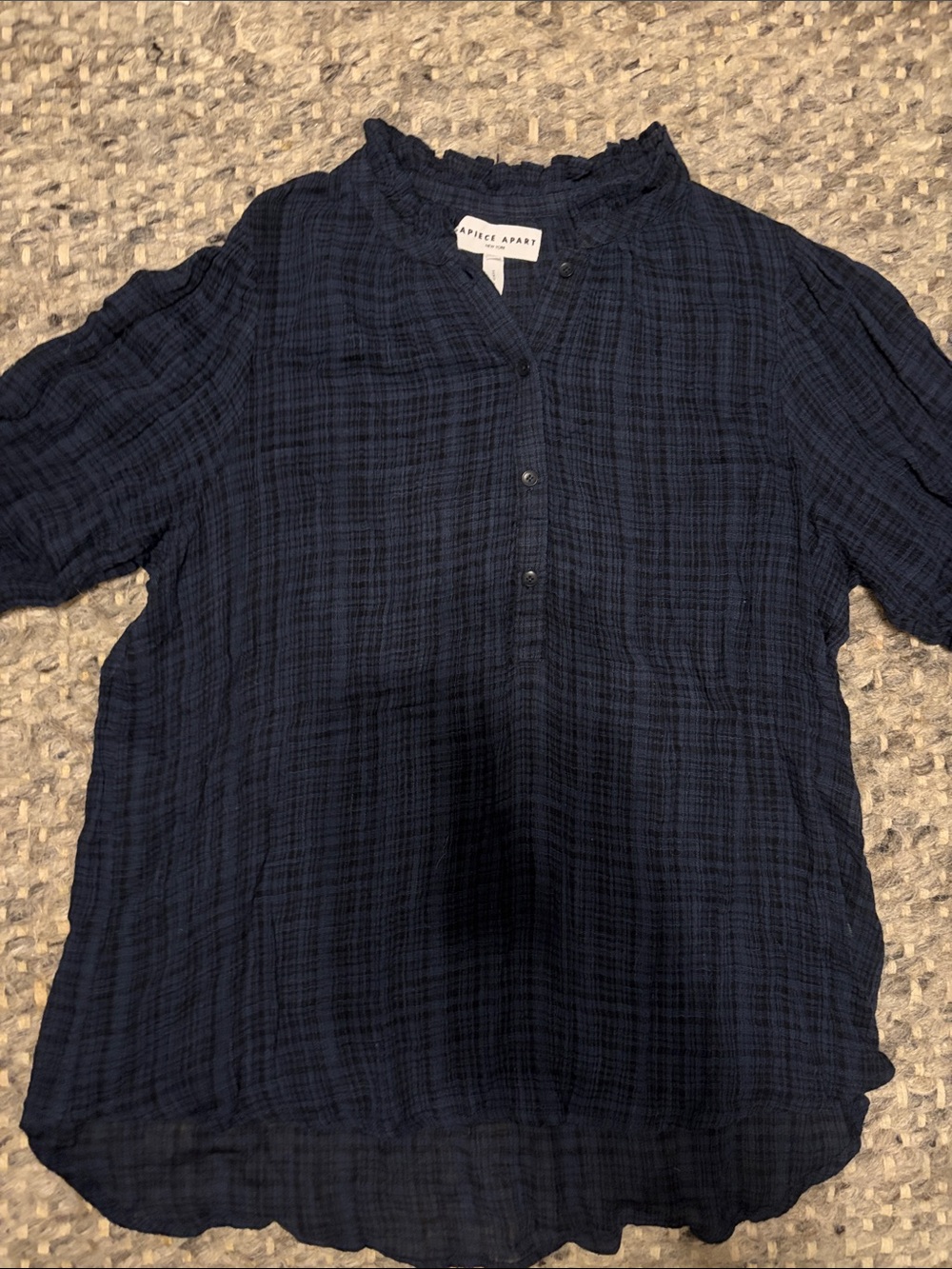 Apiece Apart Navy Ruffle-Neck Short Sleeve Blouse